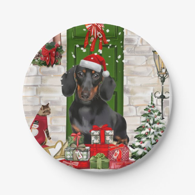 Plato De Papel Navidades de perro de Dachshund (Anverso)
