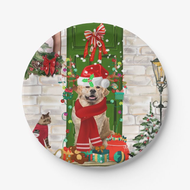 Plato De Papel Navidades de perro de Golden Retriever (Anverso)