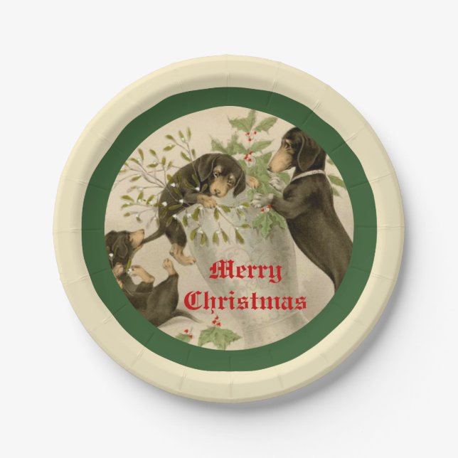 Plato De Papel Navidades de perros dachshund que juegan a la inte (Anverso)