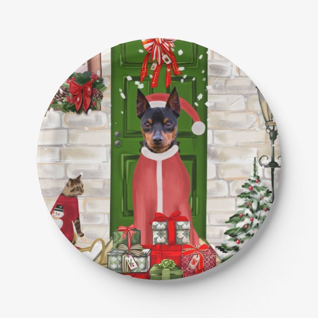 Plato De Papel Navidades de Perros de Pinscher en miniatura (Anverso)
