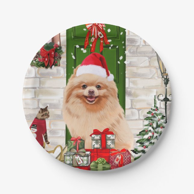 Plato De Papel Navidades de perros de Pomerania (Anverso)
