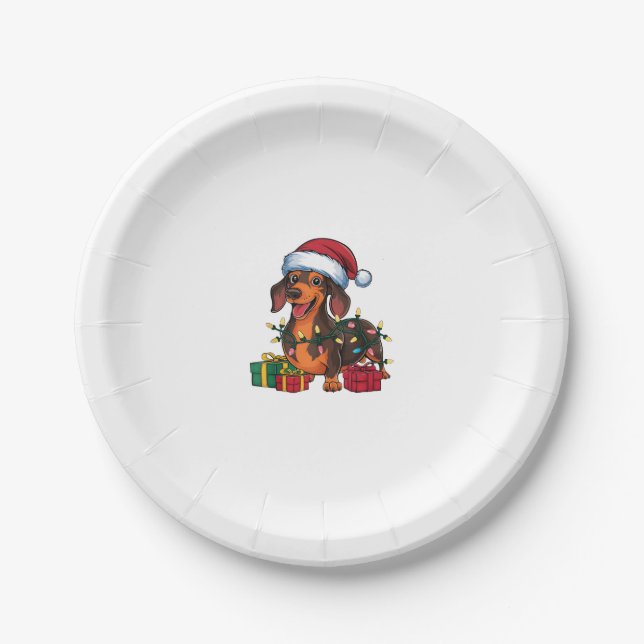 Plato De Papel Navidades de perros de Santa Hat Dachshund que ilu (Anverso)