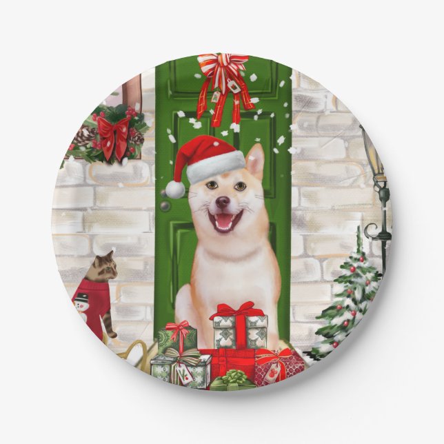 Plato De Papel Navidades de Perros de Shiba Inu (Anverso)
