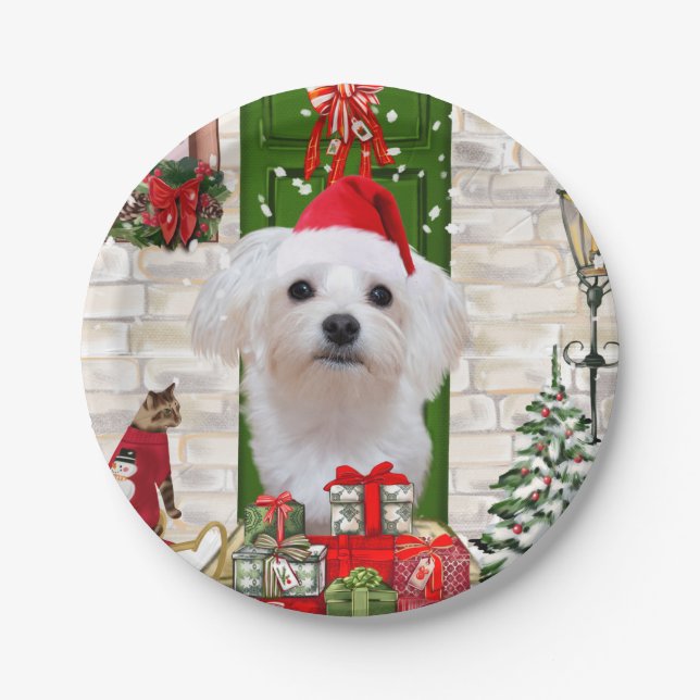 Plato De Papel Navidades de perros malteses (Anverso)