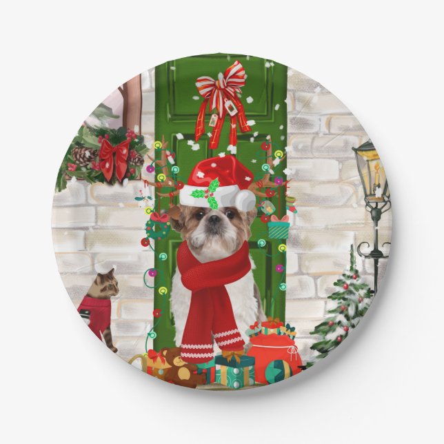 Plato De Papel Navidades de perros Shih Tzu (Anverso)