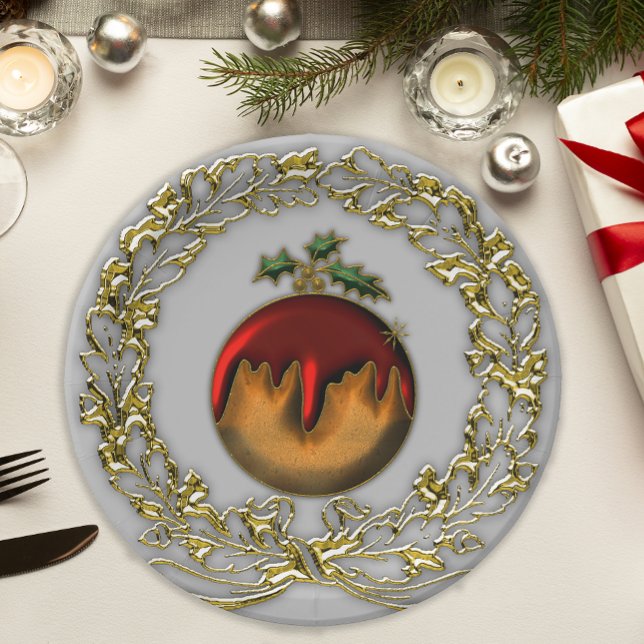Plato De Papel Navidades de Plum Pudding y Gold Wreath (Subido por el creador)