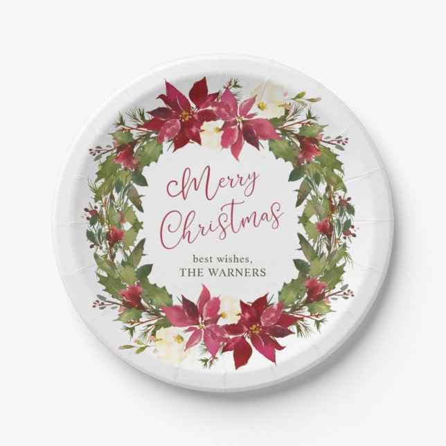 Plato De Papel Navidades de Poinsettia Wreath personalizados (Anverso)
