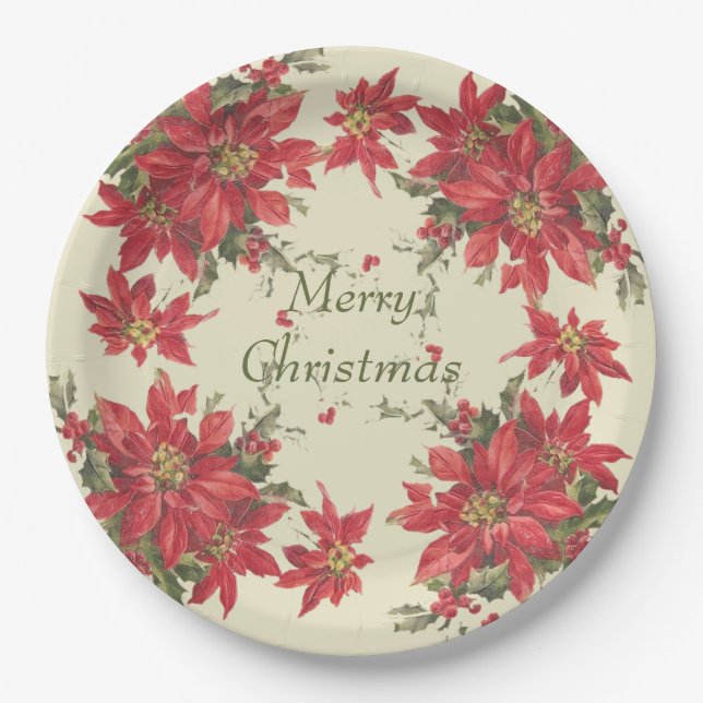 Plato De Papel Navidades de poinsettias de época (Anverso)