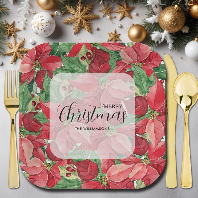 Plato De Papel Navidades de Poinsettias Rojas (Red Poinsettias Christmas Square Paper Plates)