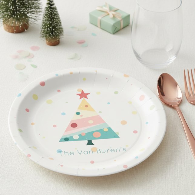 Plato De Papel Navidades de Punto del Pastel de Polka (Personalized Pastel color polka dot Christmas tree paper plate)