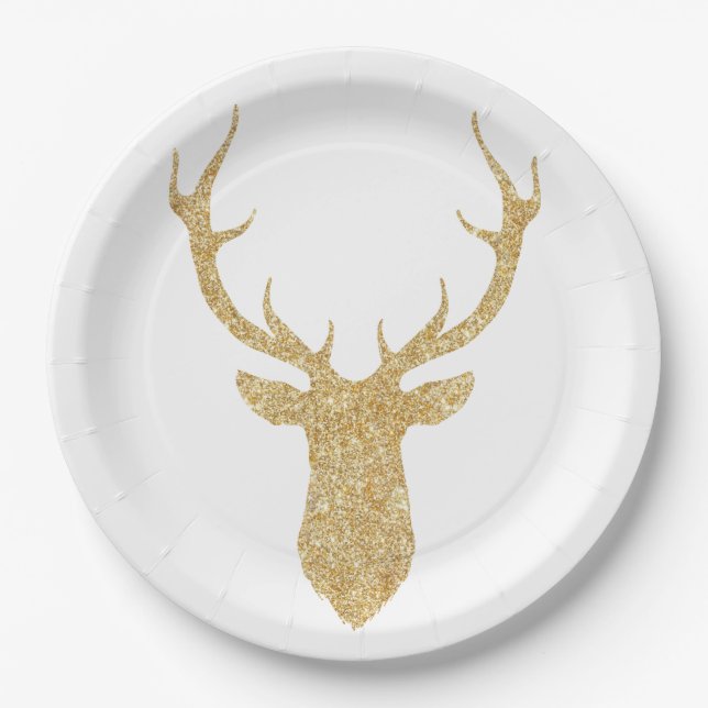 Plato De Papel Navidades de Purpurina de oro falso Deer (Anverso)