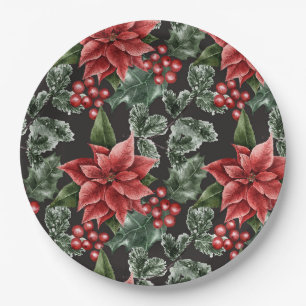 Plato De Papel Navidades de Red Holly Berries Poinsettia Greenery