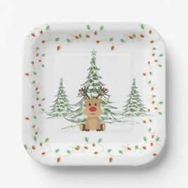 Plato De Papel Navidades de renos alumbran árboles de invierno