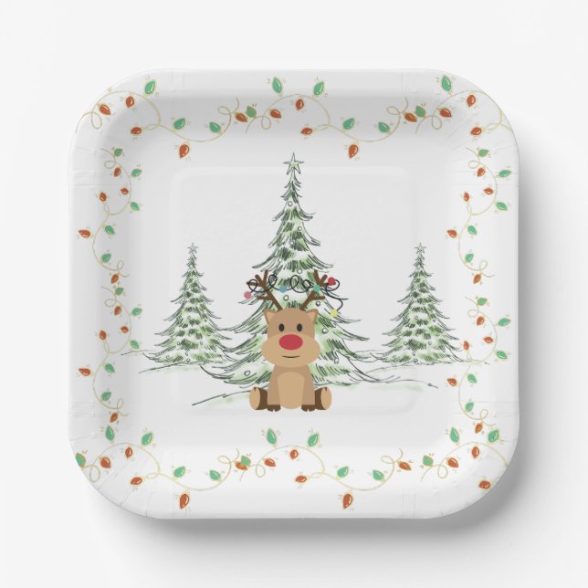 Plato De Papel Navidades de renos alumbran árboles de invierno (Anverso)