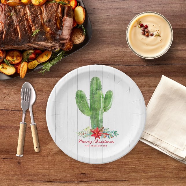 Plato De Papel Navidades de Rustic Wood Floral Cactus (Rustic Wood Floral Cactus Christmas Paper Plates)