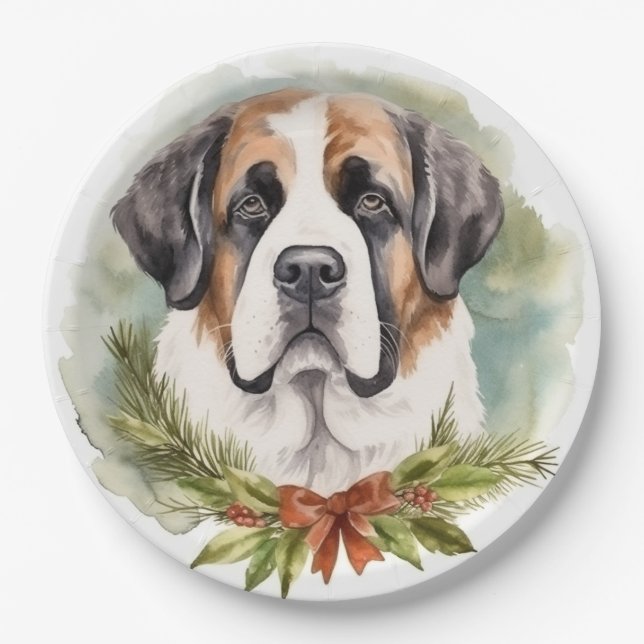 Plato De Papel Navidades de San Bernardo Wreath Pup festivo (Anverso)