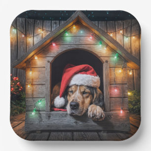 Plato De Papel Navidades de Santa Hound Dog En Doghouse