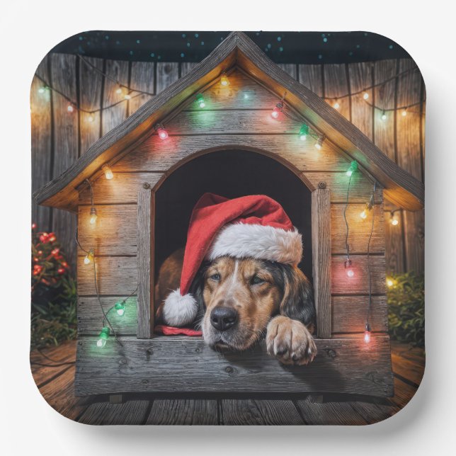 Plato De Papel Navidades de Santa Hound Dog En Doghouse (Anverso)