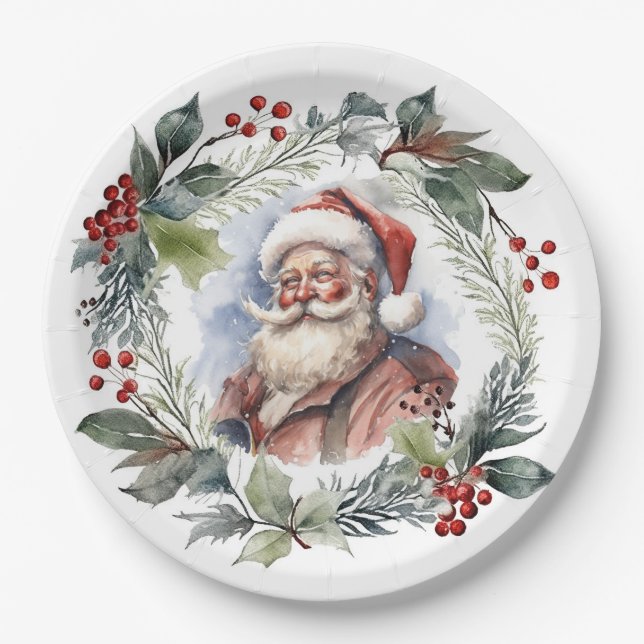 Plato De Papel Navidades de Santa Watercolor sonrientes alegres (Anverso)