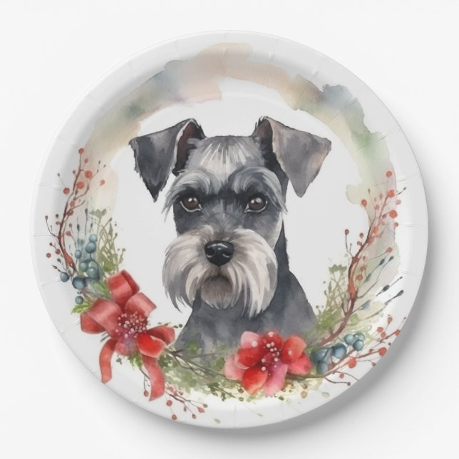 Plato De Papel Navidades de Schnauzer Wreath Festimes Pup (Anverso)