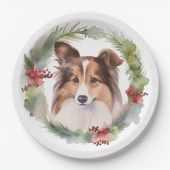 Plato De Papel Navidades de Shetland Sheepdog Wreath Festimes Pup (Anverso)