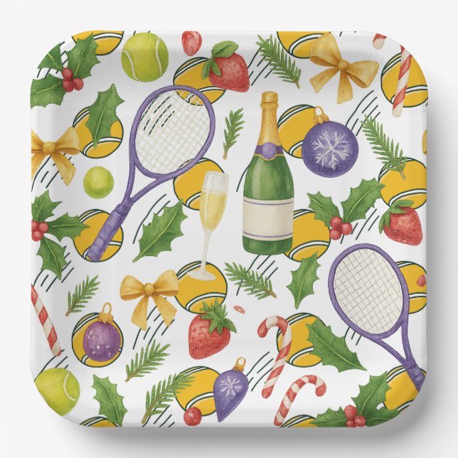Plato De Papel Navidades de tenis con pelota y raqueta (Anverso)