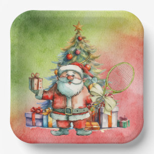 Plato De Papel Navidades de tenis con Santa Claus con raqueta