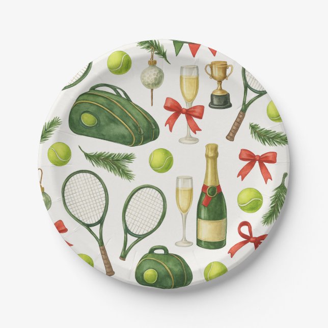 Plato De Papel Navidades de tenis con tema de pelota y raqueta (Anverso)