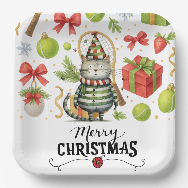 Plato De Papel Navidades de tenis para jugador que ama al gato (Anverso)