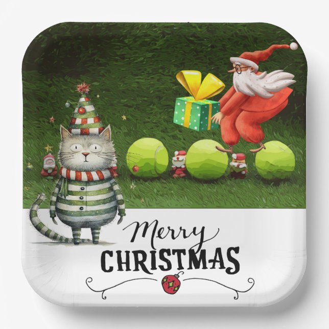 Plato De Papel Navidades de tenis para jugador que ama al gato (Anverso)