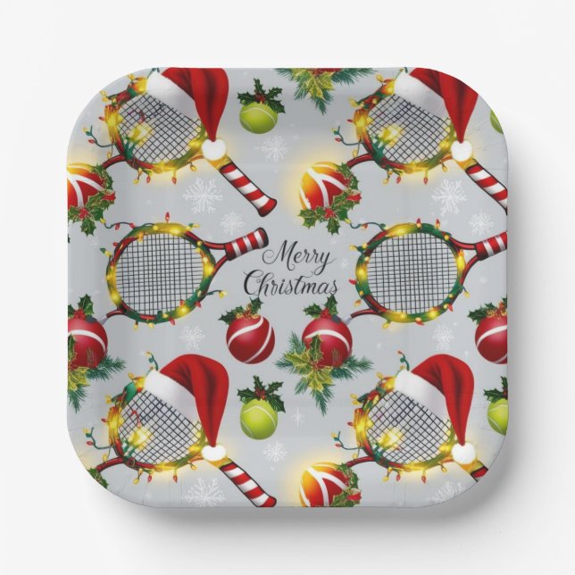 Plato De Papel Navidades de tenis Racquets y bolas festivas (Anverso)