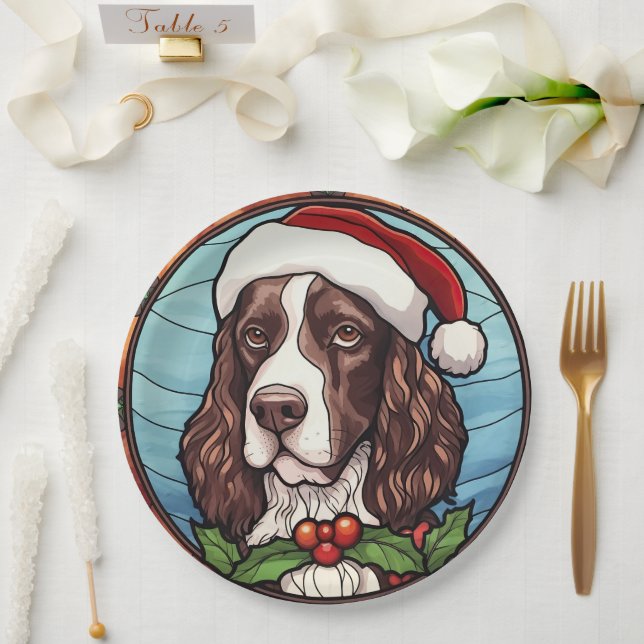 Plato De Papel Navidades de vidrio manchado de Springer Spaniel (Boda)