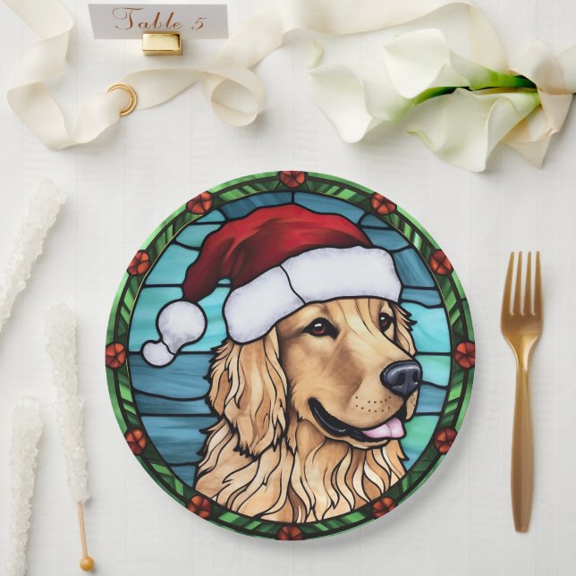 Plato De Papel Navidades de vidrio manchado Golden Retriever (Boda)