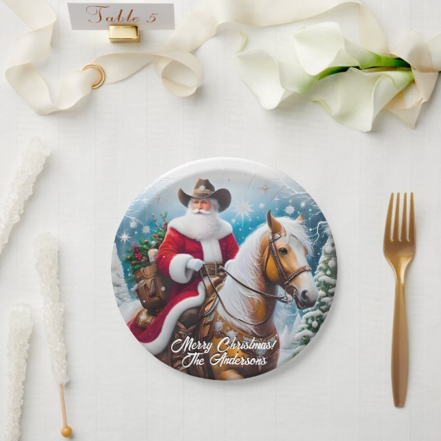 Plato De Papel Navidades de Western Santa Claus Riding Palomino (Boda)