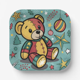 Plato De Papel Navidades de Whimsical Patchwork Teddy Bear
