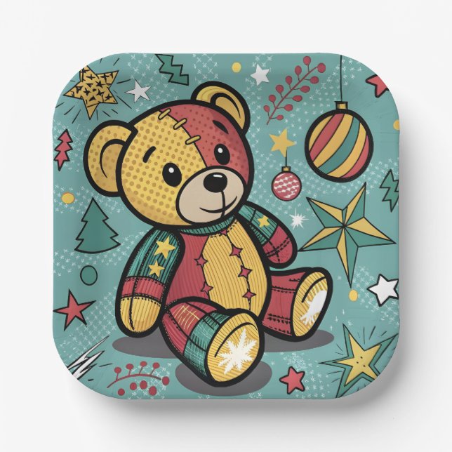 Plato De Papel Navidades de Whimsical Patchwork Teddy Bear (Anverso)