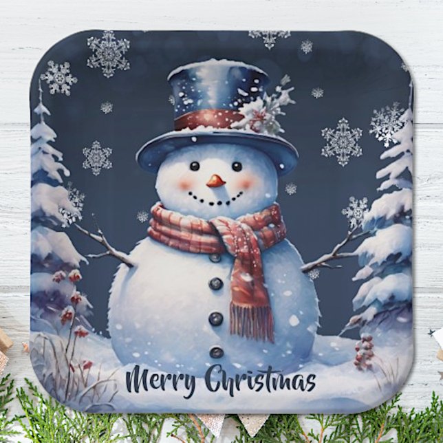 Plato De Papel Navidades de Winter Forest Snowman | Azul (Blue Winter Forest Snowman Christmas Paper Plates)