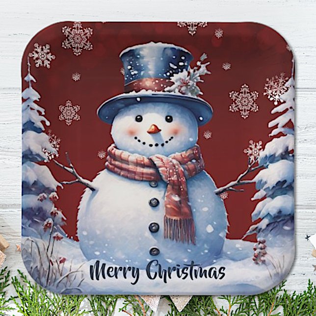 Plato De Papel Navidades de Winter Forest Snowman | Roja (Red Winter Forest Snowman Christmas Paper Plates)