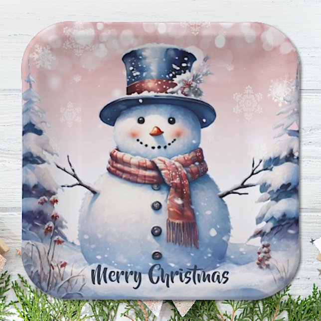 Plato De Papel Navidades de Winter Forest Snowman | Rosa (Pink Winter Forest Snowman Christmas Paper Plates)
