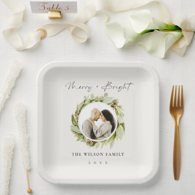 Plato De Papel Navidades de Wreath Wreath Merry y Bright Photo (Boda)