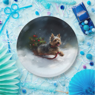 Plato De Papel Navidades de Yorkshire Terrier en invierno