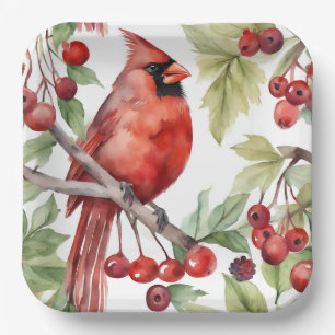 Plato De Papel Navidades del Cardenal Rojo y de la Rama de Berry 