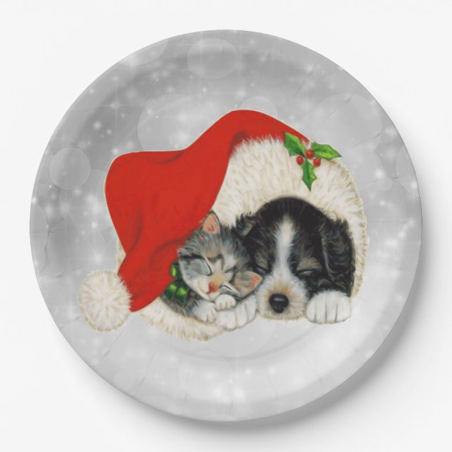 Plato De Papel Navidades del gato Santa Cap Cute Dog (Anverso)