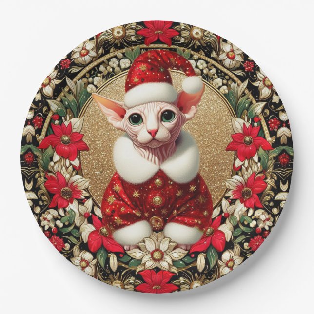 Plato De Papel Navidades del gato Sphynx de la placa Santa (Anverso)