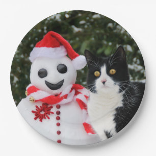 Plato De Papel Navidades del gato y el muñeco de nieve, feliz Fie