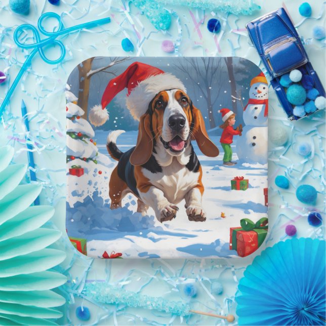 Plato De Papel Navidades del Hound Basset Festive Escena de Nieve (Fiesta)