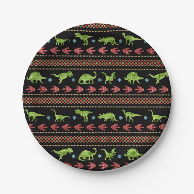 Plato De Papel Navidades Dinosaurios Knit Embroided Fair Isle (Anverso)