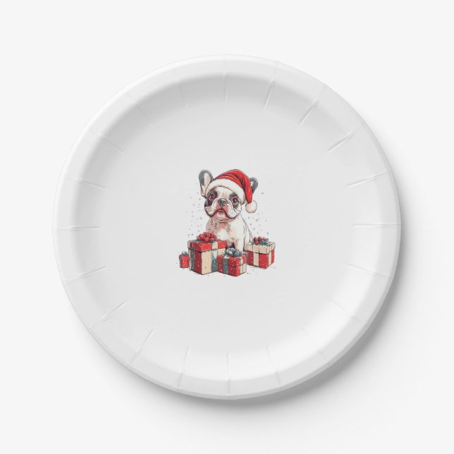 Plato De Papel Navidades divertidos de Santa Hat Frenchie (Anverso)
