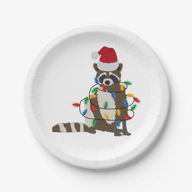 Plato De Papel Navidades divertidos Raccoon Santa Hat Xmas Luces (Anverso)