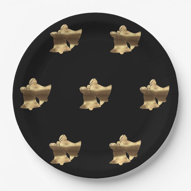 Plato De Papel Navidades dorados Bells Black Gold Pattern Elegant (Anverso)